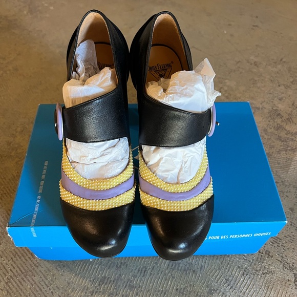 John Fluevog Black and Yellow Heels with Purple Accents - Picture 2 of 3